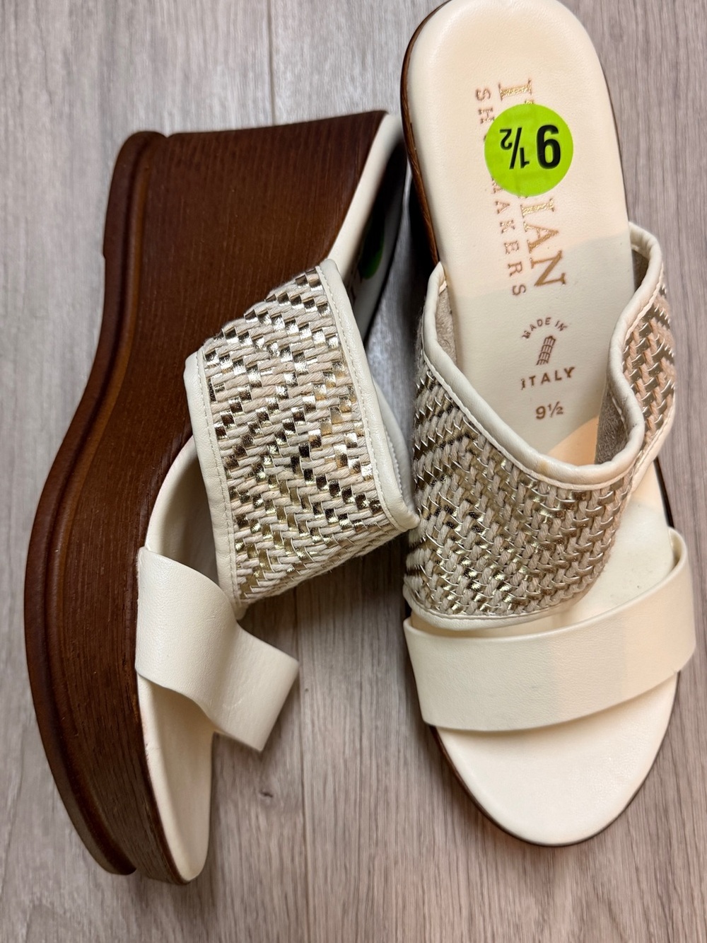Italian Shoemakers White and Brown Woven Leather Wedge Sandals